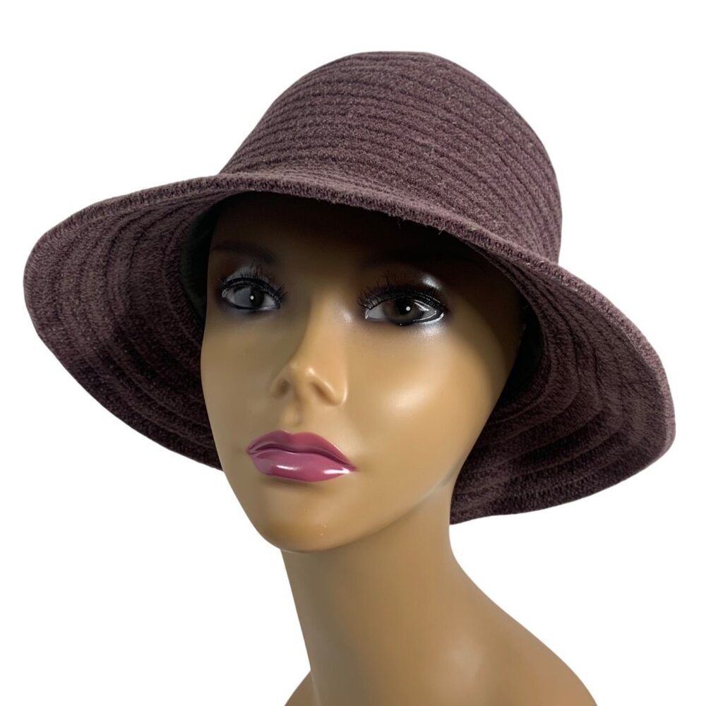 Womans Dusty Mauve Curl Brim Acrylic Bucket Derby Hat Beige Travel Classy EUC